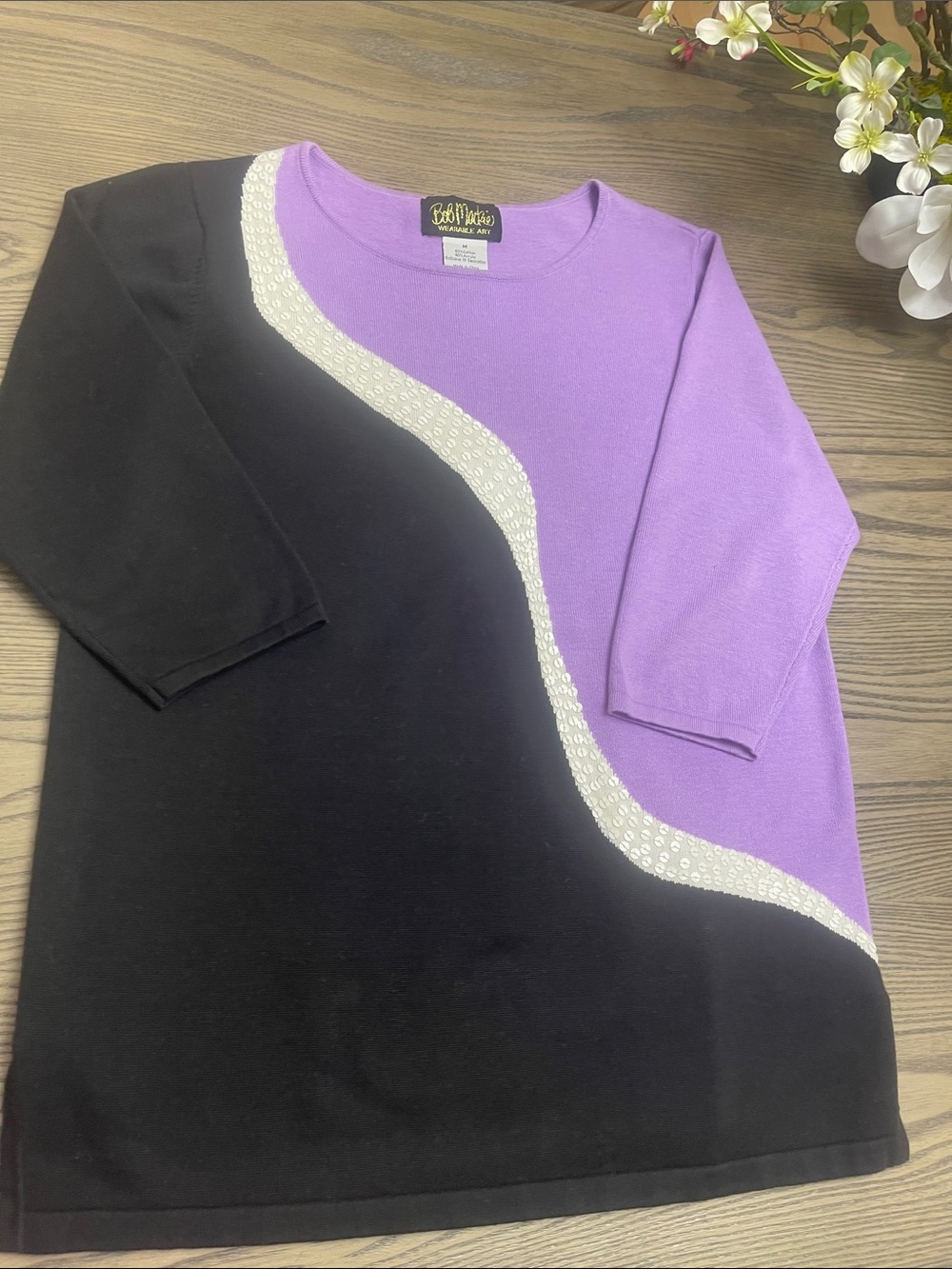 Bob Mackie Black and Purple Colorblock Sweater with Sequined Wave